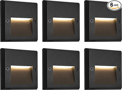 GKOLED 6-Pack Slim Square Low Voltage Deck Post Lights, Outdoor Step Lights, 12V Fence Railing Lighting Fixtures, Die-cast Aluminum, Black, 3000K