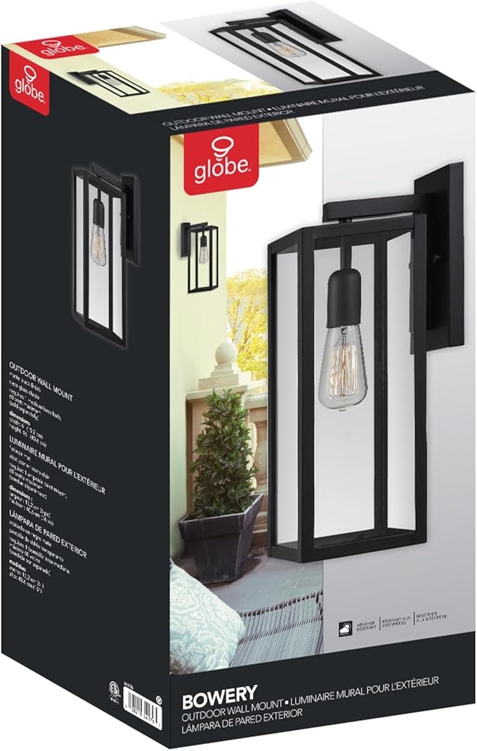 GLOBE Electric 44176 1-Light Outdoor/Indoor Wall Sconce, Matte Black Finish, Clear Glass Shade, Weather-Resistant Modern Exterior Light