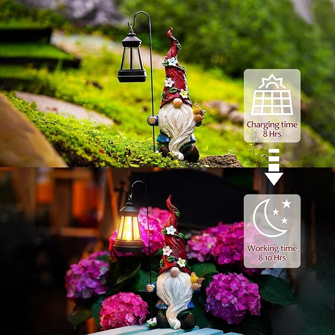 Gnomes Outdoor Statue with Solar Lights,Solar Garden Gnomes Decorations for Yard Patio Outside Gnome Garden Decor, Gnomes Gifts for Women Mom