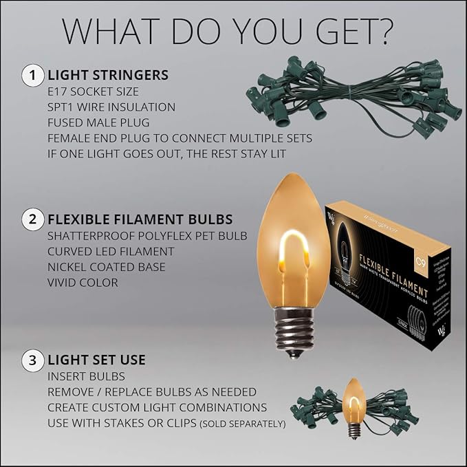 15' FlexFilament LED Warm White C9 Christmas Lights Outdoor String Lights, Shatterproof Edison Bulb String Lights | Lumora