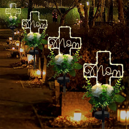 Lmtocs Grave Decorations for Cemetery Mom, Memorial Sympathy Gifts for Mom Cemetery Decorations, Waterproof Solar Cross Lights with Rose Flower for Christmas Mother Day Memorial Day Decor