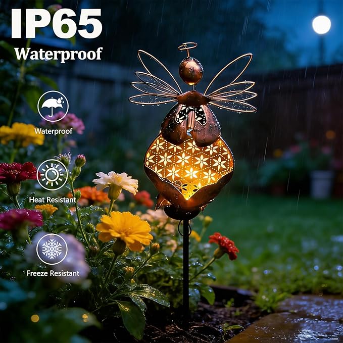 VEEKI Solar Garden Lights, Metal Solar Angel Garden Stake Lights Outdoor Waterproof, Angel Decor Solar Lights for Cemetery Grave Yard Patio Path, Sympathy Memorial Gift for Lost Love One