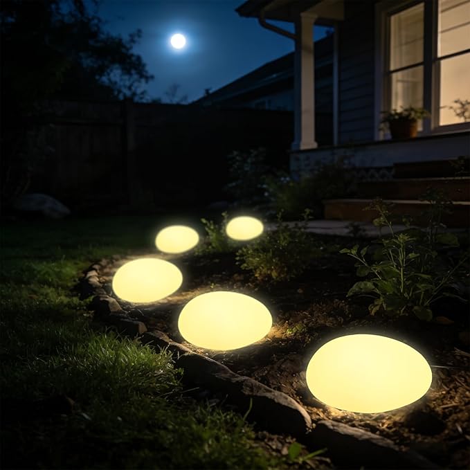 Solar Powered Outdoor Lights - Waterproof Garden Path Lighting, Pebble Shape Landscape Lights for Yard, Lawn, Patio, Walkway, Warm Light