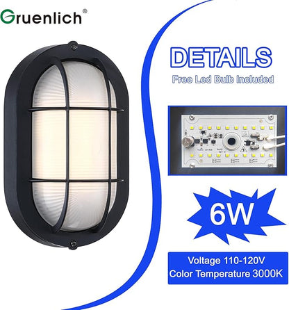 GRUENLICH 8.5'' Oval Outdoor Wall Lights, Dimmable LED Bulkhead Light, Sauna & Exterior Lighting, ETL Rated, 6W 600 Lumen, 3000K Warm White, Black Cast Aluminum, Wall/Ceiling Mount, 1-Pack