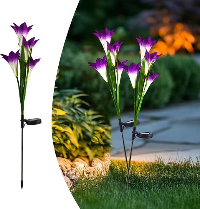 Outdoor Solar Lights, 2 Pack Solar Garden Lights with Lily Flowers, Waterproof Garden Light Outdoor - Yard Decorations for Patio Yard Decoration (Purple)
