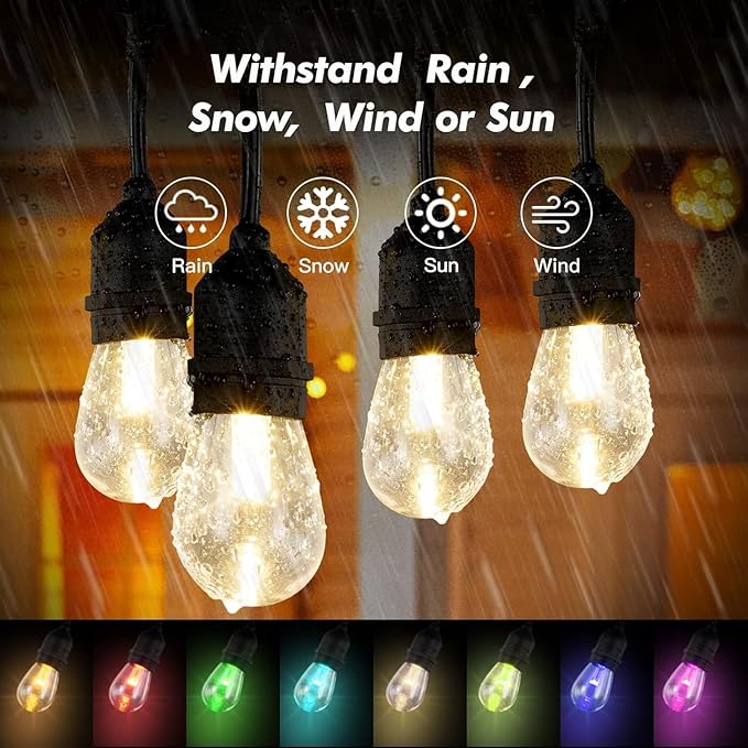 24FT Solar Outdoor String Lights, 12 Shatterproof E26 Edison LED Bulbs, Dimmable RGB Color Changing Patio Lights | Lumora
