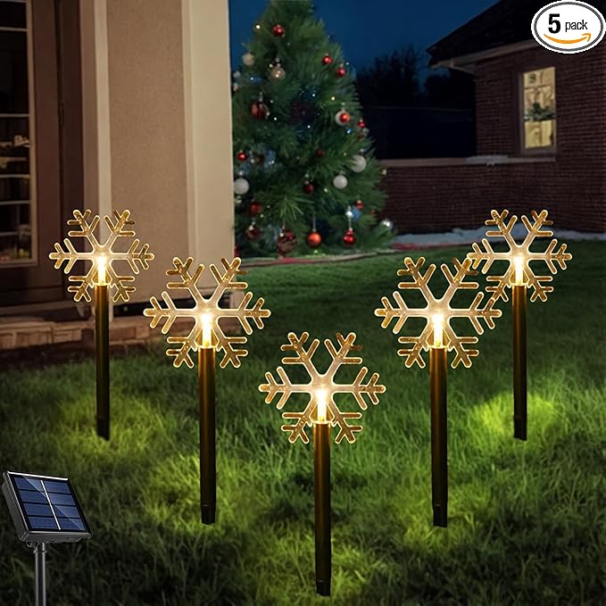 Solar Christmas Pathway Lights, 5 Pack Snowflake Decor Outdoor Waterproof Stake Lights for Garden, Lawn, Patio, Wedding Party
