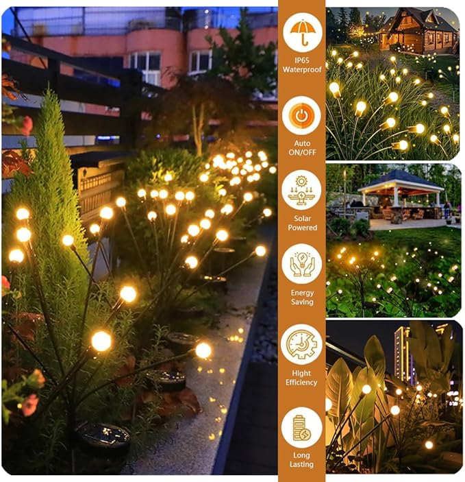 2 Pack 16LED Solar Swaying Lights Outdoor, Warm White, Waterproof, Firefly Lights for Patio Garden Porch Pathway