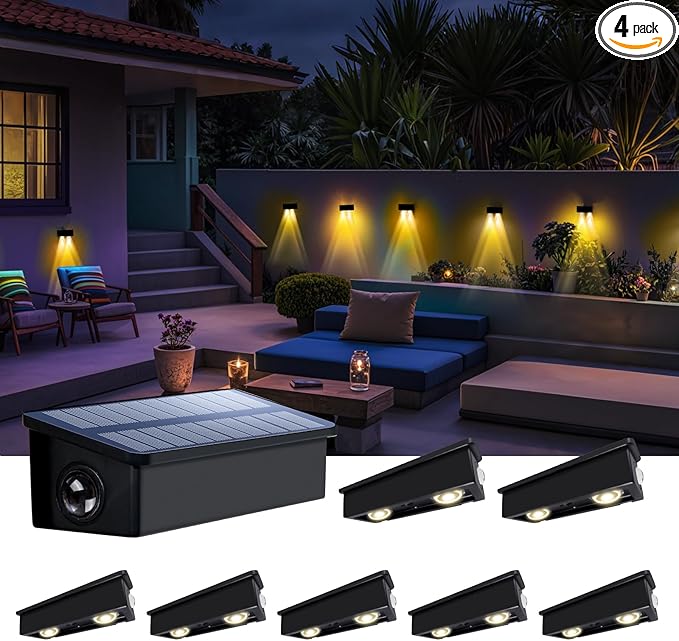 Fence Lights Solar Powered Outdoor Waterproof Outside Wall LED Landscaping Lamp 8 Pack for Yard, Deck, Patio, Rail, Garage, Pool, Balcony, Energy Efficient Warm White Safety and Ambiance,Easy Install