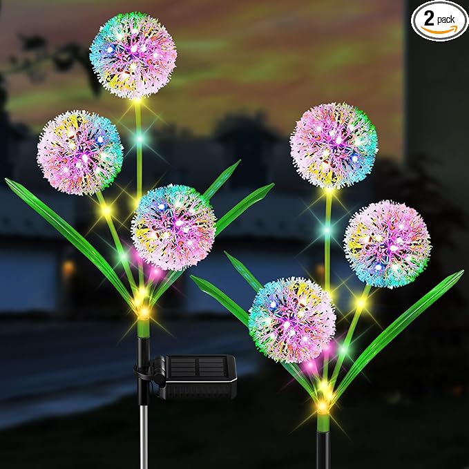 Outdoor Solar Garden Lights, 2 Pack 36 LED Decorative Dandelion Lights for Yard, Lawn, Pathway Decor