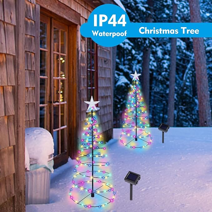 Dynaming 2 Pack Solar Spiral Christmas Trees with Multicolor Lights, 26" Outdoor Light Up Xmas Pathway Markers with Stake, Auto On/Off & Waterproof Lights for Winter Patio Yard Walkway Driveway Decor