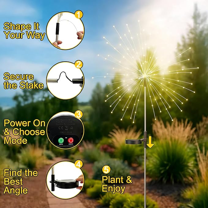 4 Pack 200LED Garden Lights Solar Powered Waterproof, Fireworks Solar Lights Outdoor for Yard Pathway, Solar Fairy Lights Christmas Decorations (2 Warm & 2 Colored)