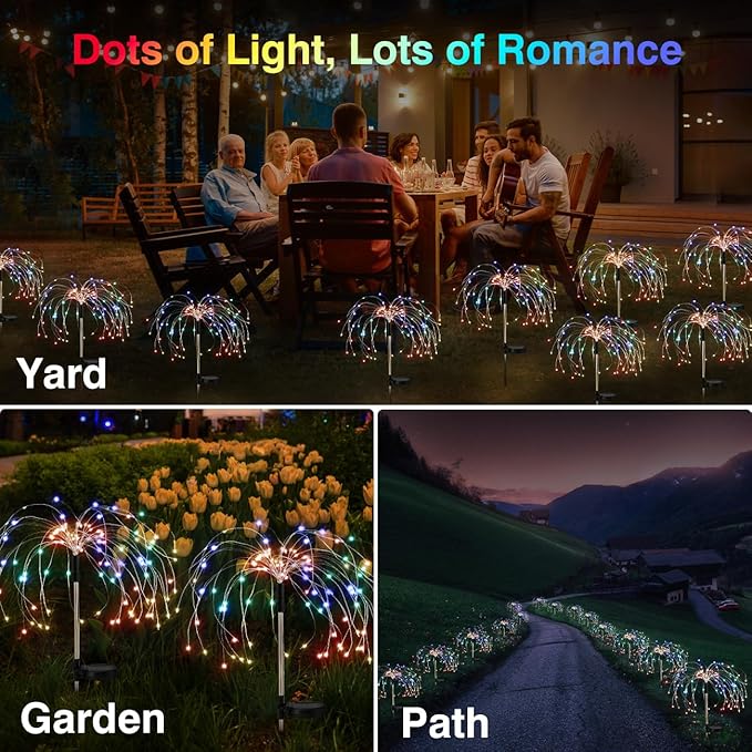 Lewondr Firework Solar Garden Lights, 120 LED Solar Firework Lights with 8 Lighting Modes, Waterproof Sparkler Starburst Solar Lights Outdoor for Yard Porch Patio Backyard Decor Present, 4 Pack