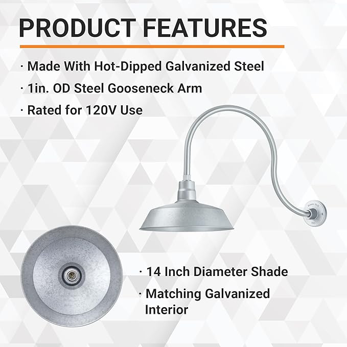 14in. Galvanized Finish Outdoor Gooseneck Barn Light Fixture with 24in. Long Extension Arm - Wall Sconce Farmhouse | Lumora