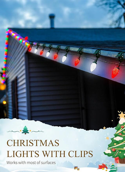 C9 LED Christmas Lights Outdoor, 68 Feet 100 LED C9 String Light with 100 Spring Clips, Waterproof Connectable Christmas Tree Lights for Outside Roofline Patio Home Xmas Decor, Red & Pure White
