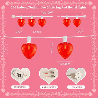 20Ft Valentine's Day String Lights Outdoor with Glitter 3D Red Heart Shaped Lights, 22 Dimmable LED Bulbs(2 Spare) Waterproof for Indoor Outdoor Wedding Anniversary Party Valentine's Day Decorations