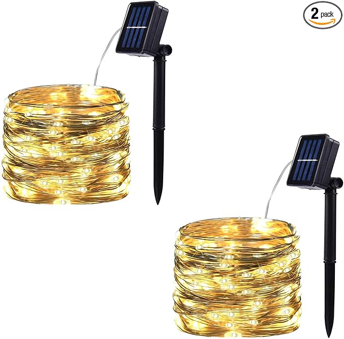 2 Pack 100 LED Solar Powered String Lights, Each 33FT Copper Wire 8 Modes Solar Fairy Lights Outdoor Waterproof for Garden, Patio, Party, Christmas, Home (Warm White)