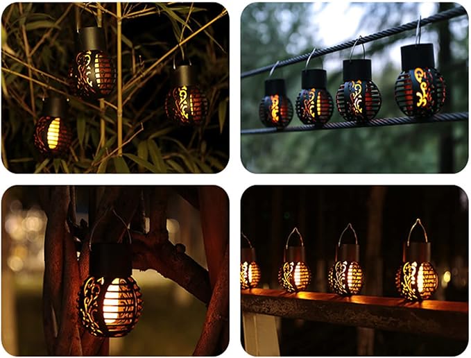 Solar Outdoor Lights Simulation Flame Chandelier Decorative Hanging LED Round Ball Lights 2 Pack Solar Garden Lights Waterproof Solar Powered Ball Lights for Camping Yard Patio Fence Tree Decoration