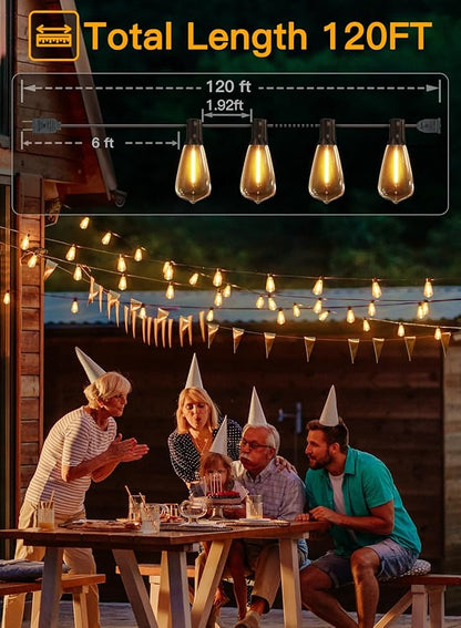 Ollny Outdoor String Lights 120FT with 60+2 Spare ST38 Vintage Bulbs, Shatterproof Connectable Patio Lights, 2200K Warm White Waterproof Outside Hanging Light for Yard Camping Gazebo Porch Balcony