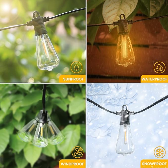 100FT Outdoor String Lights, LED Patio Lights with 50+3 ST38 Vintage Edison Shatterproof Bulbs, IP65 Weatherproof | Lumora