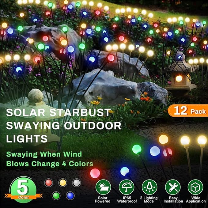8-Pack 64 LED Solar Swaying Lights Outdoor Solar Powered Firefly Lights Garden Decor Waterproof Pathway Light Wind Landscape Lights Warm Yellow for Pathway Lawn Patio Courtyard Decor (Colorful)
