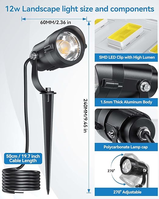 HIBOITEC Low Voltage Landscape Lighting 1 Pack with Connectors 12W Spotlights Landscape Lights 12-24V AC/DC IP65 | Lumora