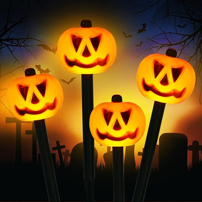 Halloween Decorations Outdoor 4 Sets Solar Pumpkin Pathway Lights for Outside 7 Lighting Modes IP65 Waterproof for Yard Garden Pathway and Walkway