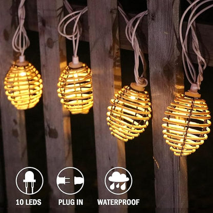 Vigdur Rattan Ball String Lights - 10FT Lantern String Lights Plug in with 10 Led Bulbs, Decorative String Light for Indoor Outdoor Balcony Patio Garden Wedding Bedroom Decor