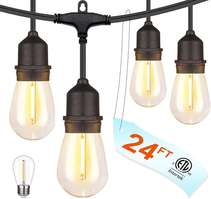 24 Feet Outdoor String Lights | IP65 Waterproof with 13 Shatterproof LED Bulbs | Warm White Patio Lights for Garden, Cafe & Wedding - 5-Minute Tangle-Free Setup with Hooks