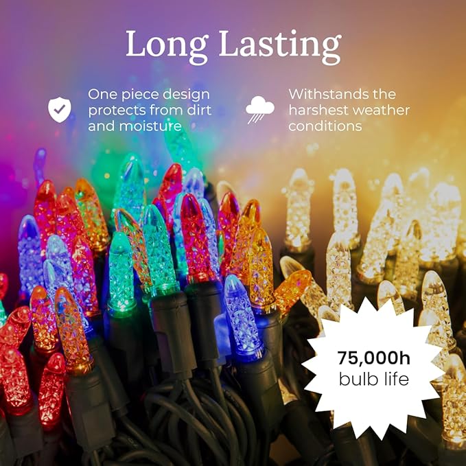 Pro Christmas M5 LED Holiday Lights - 100 Bulbs, 33.3ft - Professional Grade Indoor Outdoor Diamond Cut Sparkle Light Strings for Home Decorations and Christmas Trees - 28K Warm White