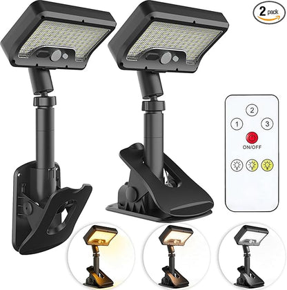 Pacify Clip On Solar Lights Outdoor with Motion Sensor, 92 LEDs 600LM Solar Fence Lights IP65 Waterproof, Adjustable Security Lights for Gutter Deck Yard (2 Pack with Remote Control Adjusts 3 Colors)