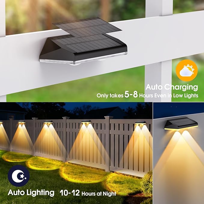 Solar Fence Lights Outdoor, 3 Modes 3000K/4000K/6000K Fence Lights Solar Powered for Outside, IP65 Waterproof, 60 | Lumora