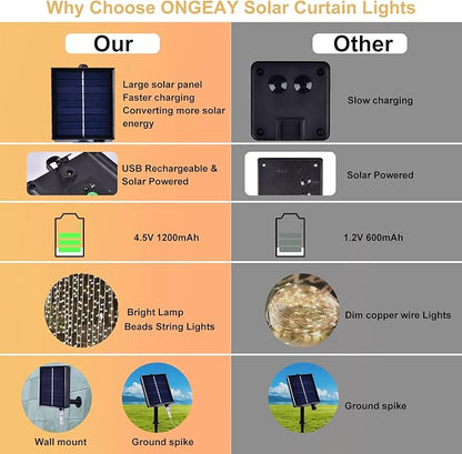 300LED Solar Curtain Lights - Outdoor/Indoor Solar String Lights with 8 Modes & Waterproof Design for Home Garden Patent Decoration (Cold White)