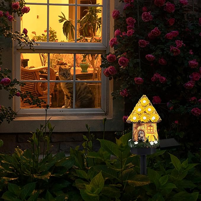 Mushroom Solar Lights Outdoor, Waterproof Fairy Houses Light Mushroom Garden Decor Decorative Solar Powered Garden Stake Lights for Outside Lawn Walkway Patio Yard (Yellow)