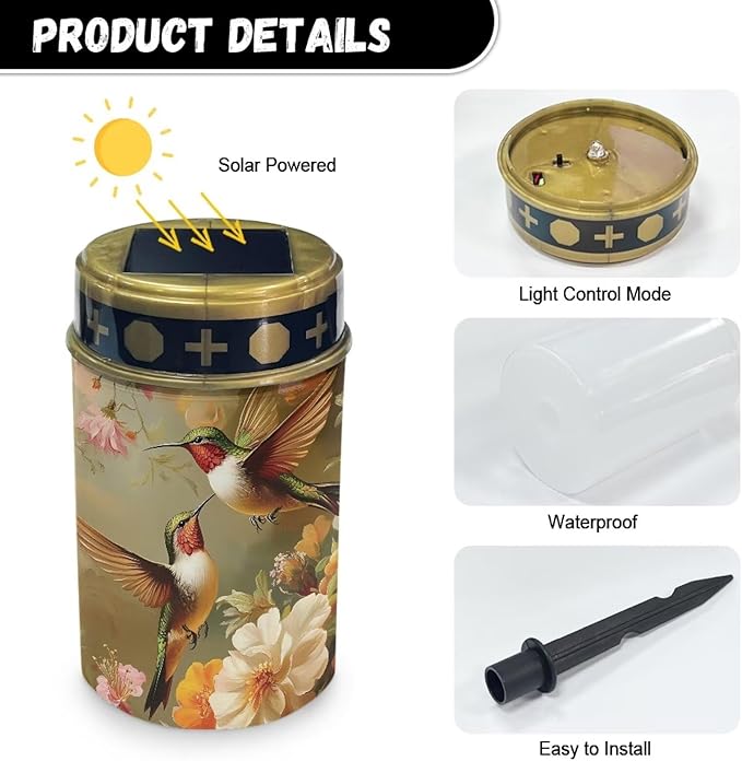 ZOUTAIRONG Solar Light for Cemetery Grave Durable Solar Garden Lights Landscape Lighting Pathway Light Cemetery 1 Pack, Hummingbird Floral Print