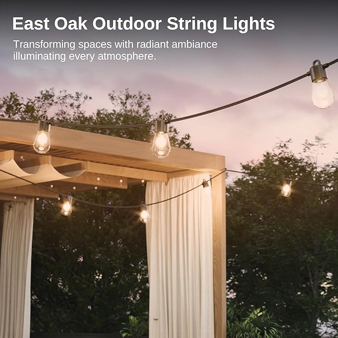 East Oak Outdoor String Lights LED 48FT, Patio String Lights Waterproof with 15 Shatterproof Vintage Edison Bulbs for Christmas Backyard Porch Party Warmlight