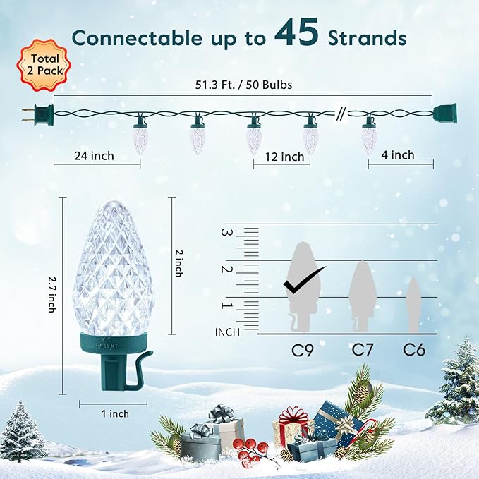 2PACK C9 LED Christmas Lights with 100 Spring Clips, Total 100ft 100 LED Waterproof - Outdoor Security Flood Light | Lumora