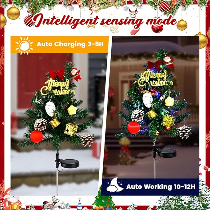 2pcs Solar Christmas Tree Lights Outdoor Decoration, Waterproof Solar Xmas Tree with Flashing LED Lights, for Yard Front Porch Pathway Grave Cemetery Decor