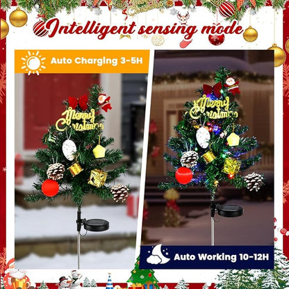 2pcs Solar Christmas Tree Lights Outdoor Decoration, Waterproof Solar Xmas Tree with Flashing LED Lights, for Yard Front Porch Pathway Grave Cemetery Decor
