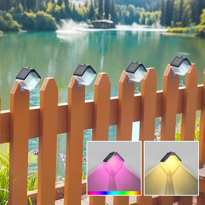 Hanging Solar Fence Lights Outdoor, Solar Deck Railing Lights Outdoor Waterproof, Color Changing & Warm White Light for Yard Deck Wall Tree (4pc)