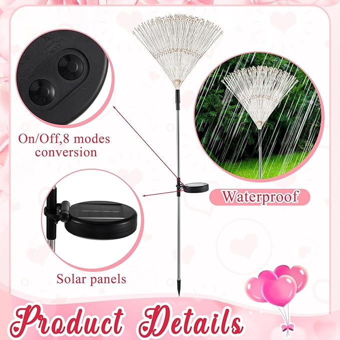 6 Pcs Valentine's Day Solar Firework Lights Solar Lights Outdoor Garden 120 LED 8 Modes Waterproof LED Sparkler Outdoor for Valentines Patio Yard Pathway Walkway (Valentine's Day Color)