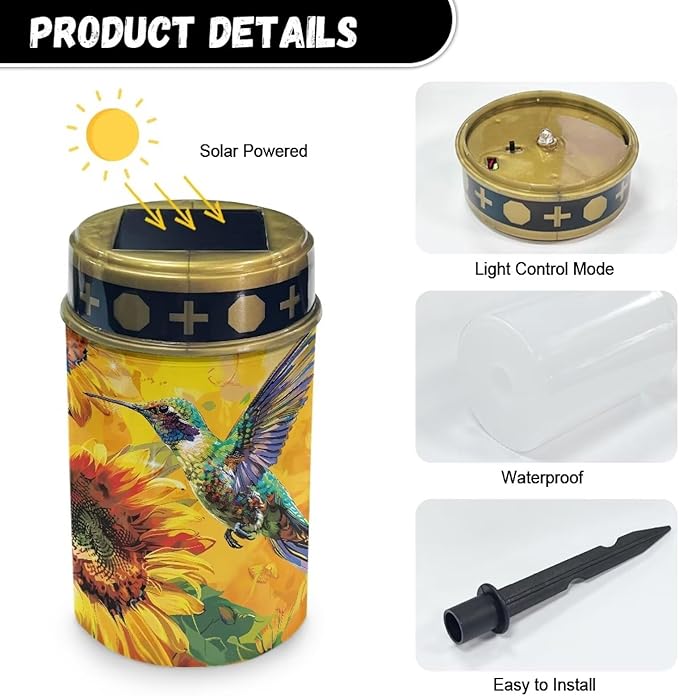 Garden Decor Hummingbird Sunflower Solar Light Outdoor Stake Patio Yard Lawn Porch Pathway Grave Solar Lights for Cemetery Christmas Outside Waterproof Decorations