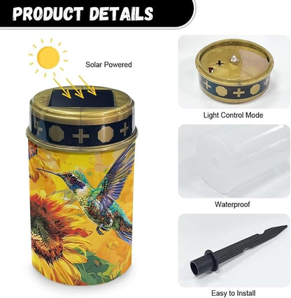 Garden Decor Hummingbird Sunflower Solar Light Outdoor Stake Patio Yard Lawn Porch Pathway Grave Solar Lights for Cemetery Christmas Outside Waterproof Decorations
