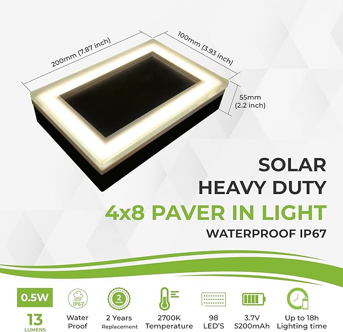 LUMENGY Solar Paver Light 4×8 inch (3.93x7.87), Stainless Steel with Tempered Glass, 2700K - Outdoor Path Light | Lumora