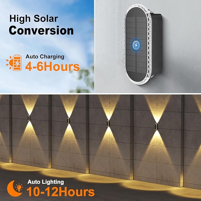 Ellasay Solar Fence Lights Outdoor: 6-Pack Solar Powered Wall Lights Up and Down Waterproof IP65-3 Color Brighter LED Focus Lens SolarLights Dusk to Dawn 12h for Patio/Backyard/Porch/Railing