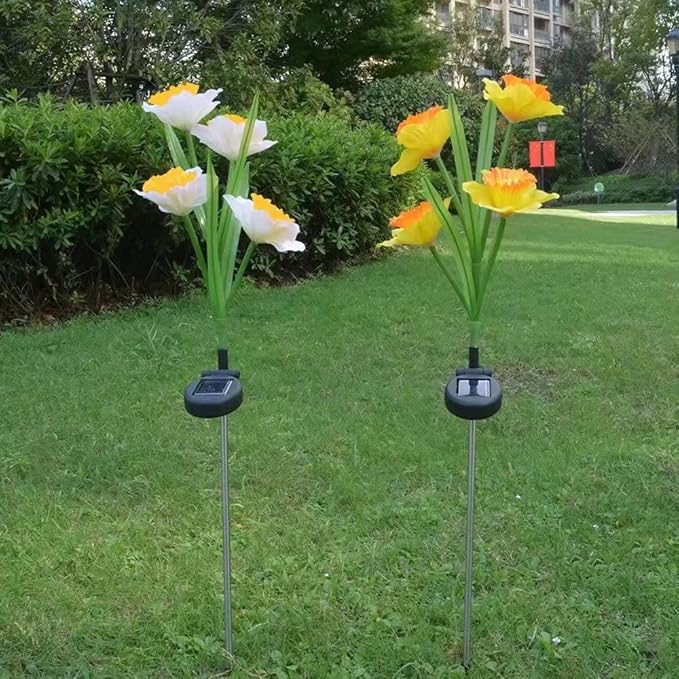 Solar Lights Outdoor Decorative, 2 Pack Solar Garden Lights Daffodils Flowers 7 Color Changing LED Soalr Powered Outdoor Lights, Waterproof Solar Lights for Garden Patio Yard