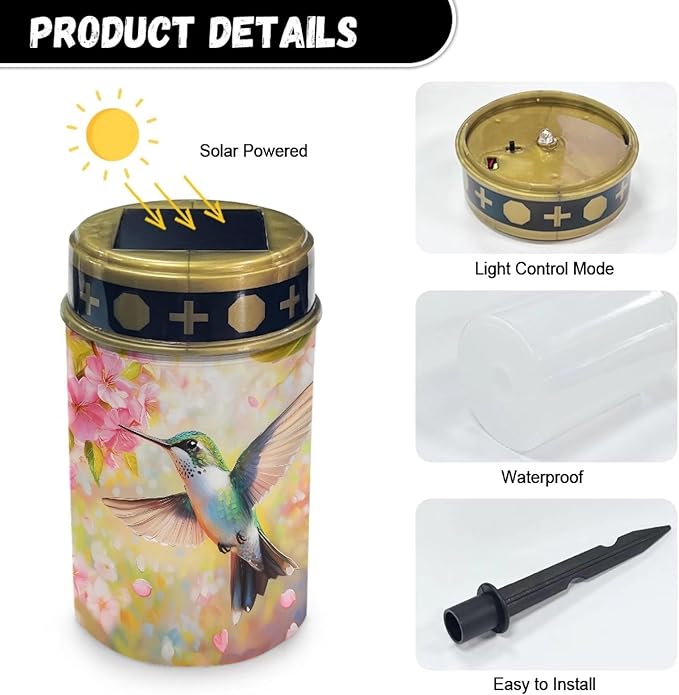 Hummingbird Cemetery Candles for Grave Solar Patio Lights Outdoor Waterproof Grave Solar Lights Solar Cross Garden Lights Outdoor Decorative Flameless Solar Powered Light for Prayer