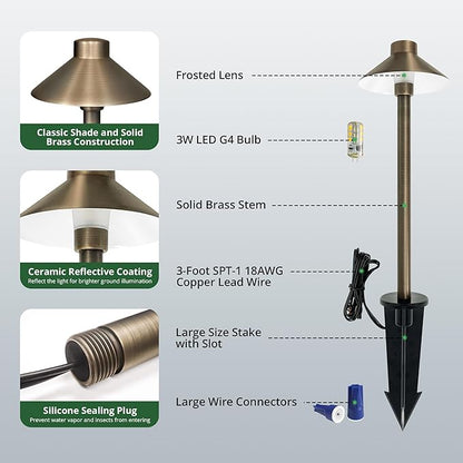 GKOLED Solid Brass Pathway Lights, Low Voltage LED Landscape Path Light, Outdoor Waterproof Accent Lighting, 12V AC/DC, 2700K Warm White, with 3W G4 LED Bulb & Large Rugged Slot Spike, 2 Pack