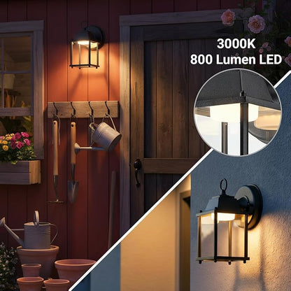 LIT-PaTH Outdoor LED Wall Lantern, Wall Sconce as Porch Lighting Fixture, 3000K Warm White, 9.5W 800 Lumen, Aluminum Housing Plus Glass, Black Finish, 1-Pack