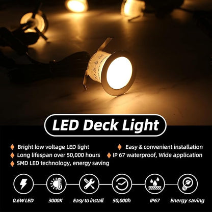 Recessed LED Deck Light Kits 16 Pack, IP67 Waterproof Outdoor Landscape In-ground Lighting, 12V Low Voltage Deck Lighting for Garden,Yard,Patio,Step,Stair,Floor Decoration.